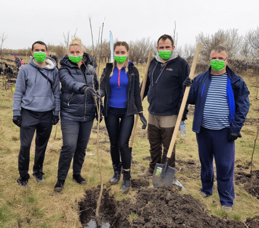 people standing in a field with a shovel after planting trees