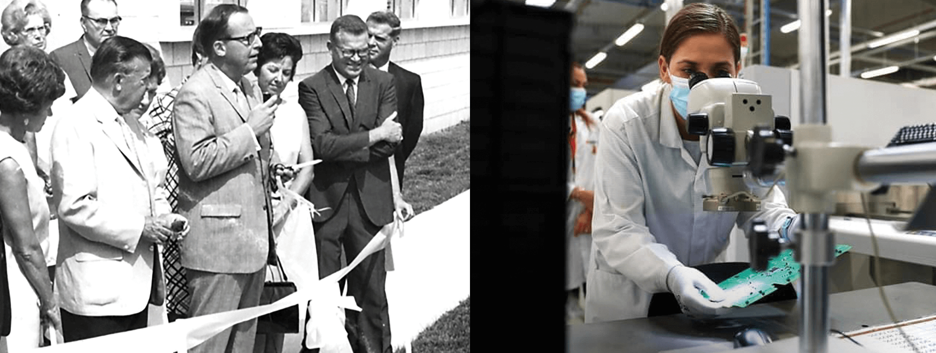 1961 | Ribbon cutting for Jasper Electronics Manufacturing Company 2021 | Microscope verification of Printed Circuit Board Assembly (PCBA)