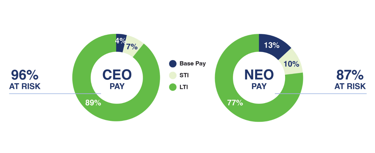 Two pie charts comparing CEO and NEO pay distribution. 
            CEO: 6% Base Pay, 13% STI, 81% LTI — 94% at risk. 
            NEO: 13% Base Pay, 12% STI, 75% LTI — 87% at risk.